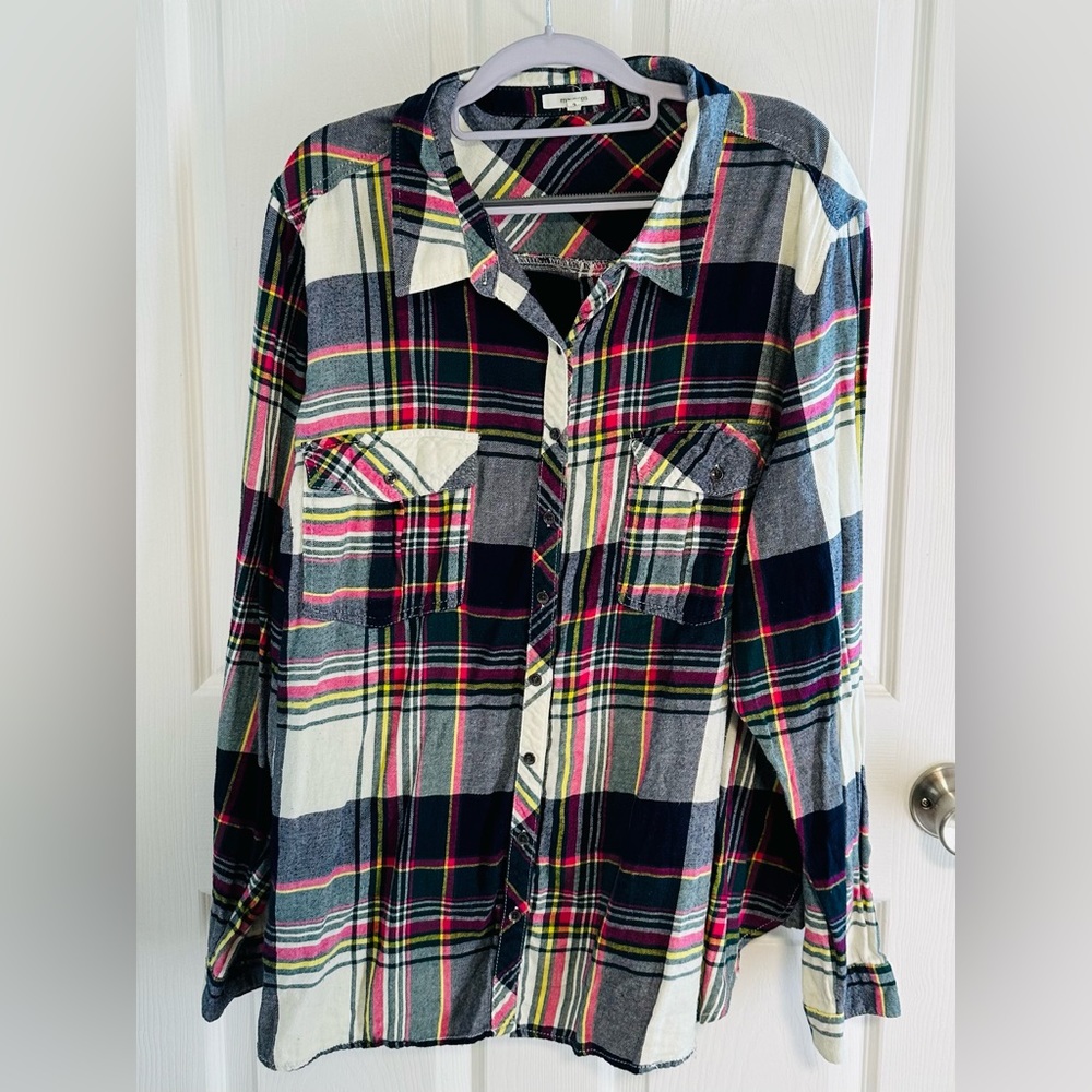 Navy blue, pink, yellow, and cream plaid shirt